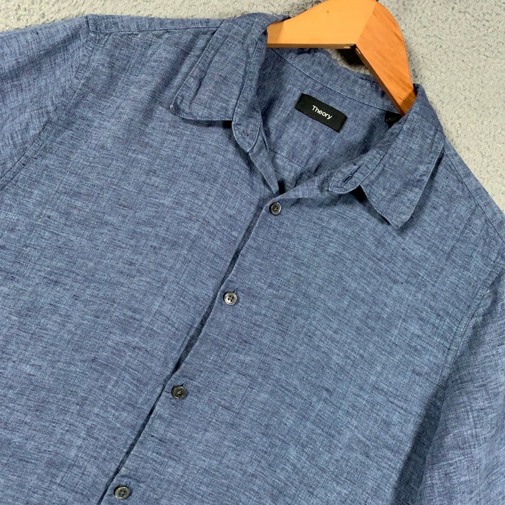 Theory Irving Summer Linen Shirt Mens Large Blue Short Sleeve Button Down Casual
